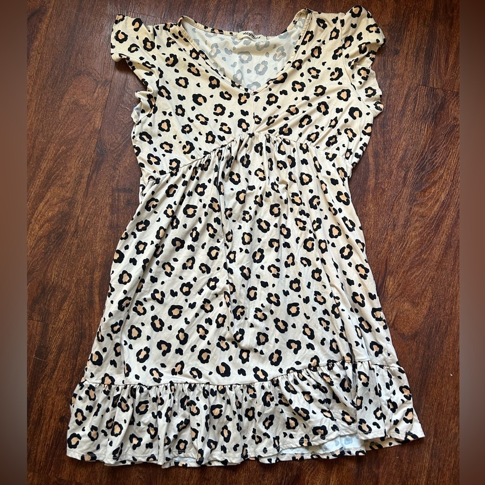 Haptics Leopard Print Cream Midi Dress with Ruffle Hem